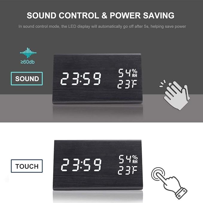 Digital Alarm Clock, Wooden Alarm Clock with Electronic LED Time Display, Humidity & Temperature Detect 3 Alarm Settings 3 Level Brightness Electric Clock for Bedroom Bedside Desk (Black wood)