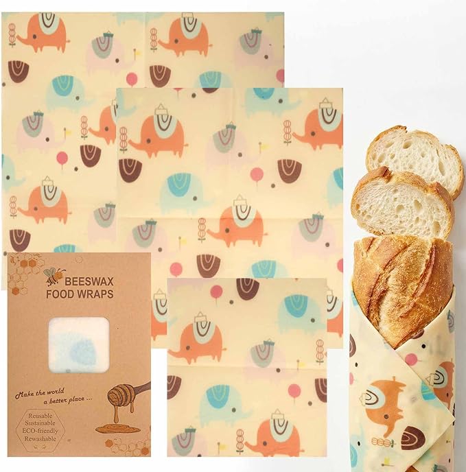 Beeswax Wraps for Food, Elephant 3 Pack (S, M, L) Reusable Food Wraps, Bread Sandwich Wrap, Zero Waste, Organic, Plastic-Free Food Storage Wrap