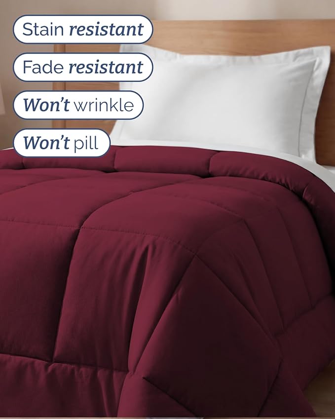 Twin Size, Burgundy Alternative Down Comforter - Warm, Lightweight & Breathable Hotel Quality Bedding Set for Men, Women, Kids & Teens - All Season Oversized Cooling Microfiber Duvet Insert Comforter
