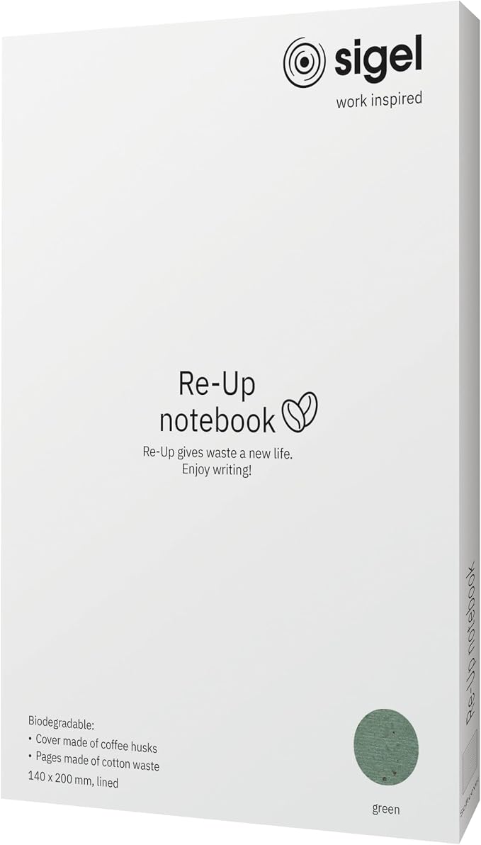 Sigel RU103 Re-Up Recycled Notebook, Lined, Thick 100 g Paper, Approx. A5, Green, Soft Cover, 100 Pages, Vegan - Cover of Coffee Bean Shells, Pages Made of Cotton Scraps