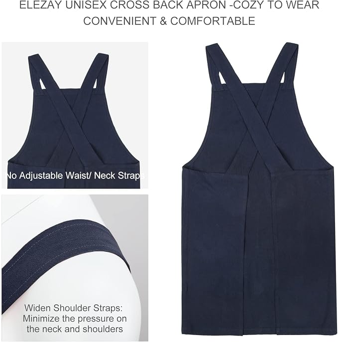 ELEZAY Aprons for Women with Pockets Plus Size Comfort Cross Back No Tie Cotton Linen Apron Pinafore