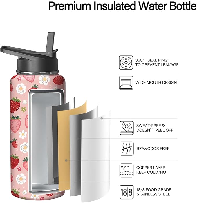 18oz Pink Strawberry Water Bottle with Handle and Flip Straw, Sports Stainless Steel Insulated Cup Travel Coffee Mug Tumbler, Birthday Mothers Day Chritmas Gifts for Women