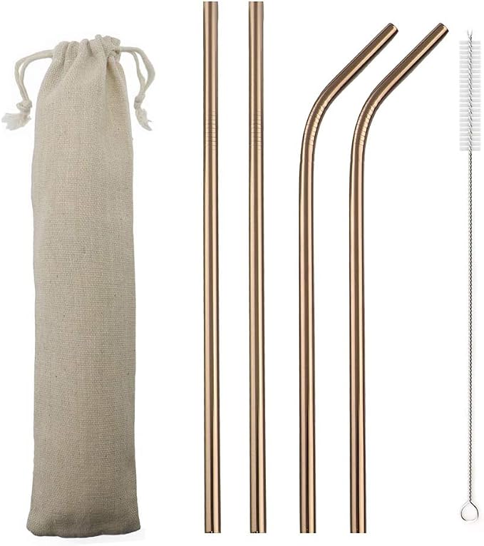 JASHII Reusable Portable Metal Straws Stainless Steel Eco-friendly Drinking Straw with Travel Cloth Bag (2 Bent 2 Straight 1 Brush),Rose