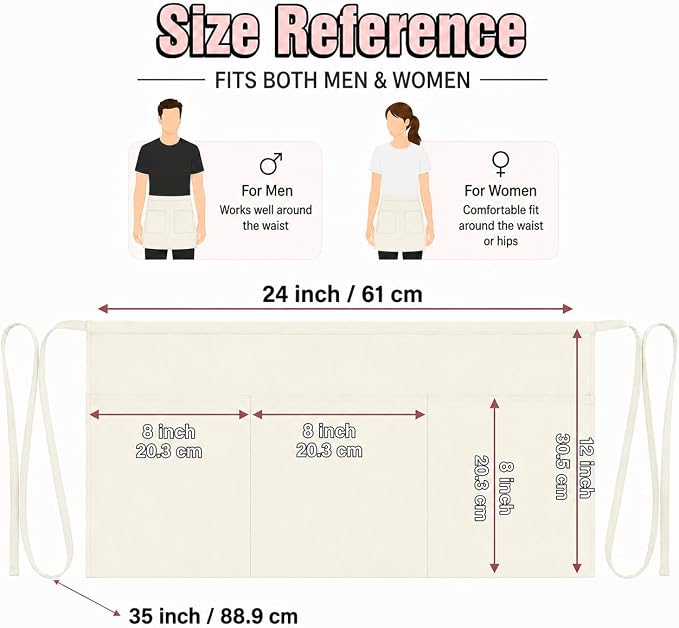 Waist Apron with 3 Pockets Waterdrop Resistant Premium Cotton Waitress Apron 10 Color Option Server Apron Chef Apron (OFF WHITE, PACK OF 12)