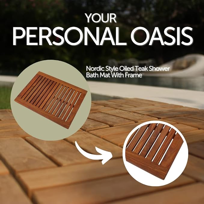 Nordic Style Premium Teak Shower and Bath Mat for Indoor and Outdoor Use - Non-Slip Wooden Platform for Spa, Sauna, Pool, Hot Tub - Flooring Decor and Protector (Oiled Finish, 23.62" x 17.75")