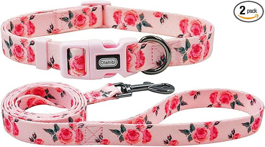 Dog Collar and Leash Set, Cute Rose Pattern, Polyester Material, 5ft Leash, for Small Dogs.(Small,Pink Rose)