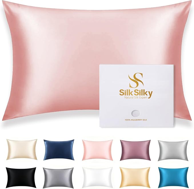 SilkSilky 100% Mulberry Silk Pillowcase - Pure 22 Momme High-Grade 6A Fibers for Hair & Skin, Hidden Zipper, Natural, Organic, Breathable & Cooling Pillow Case (Queen 20''x30'', Pink)