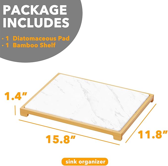 SpaceAid Bamboo Rack Dish Pad, Instant Dry Diatomaceous Earth Mat for Kitchen Counter, Stone Dish Fast Drying Mat Board (15.8 x 11.8 inch, White Marble)