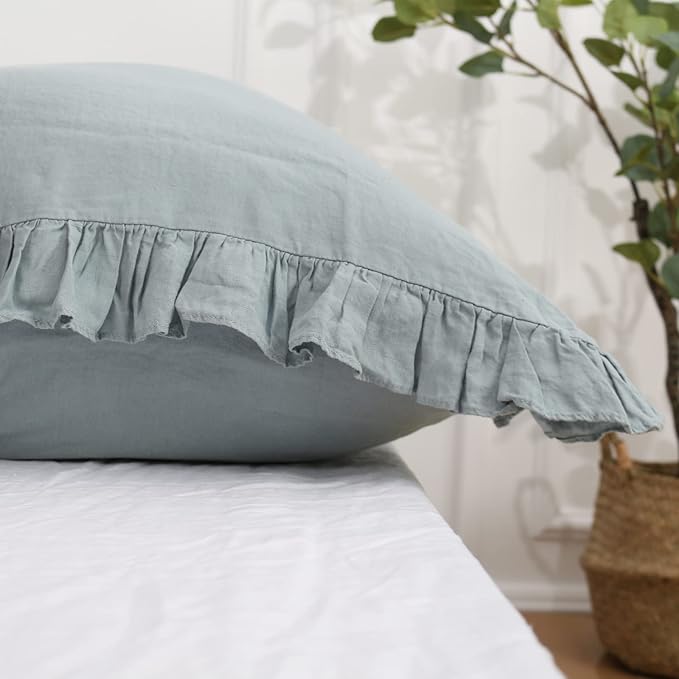 100% French Linen Euro Shams with Ruffles - Set of 2 - Washed Solid Color Natural Flax Soft Breathable Pillow Covers - Dusty Blue, 26'' x 26''