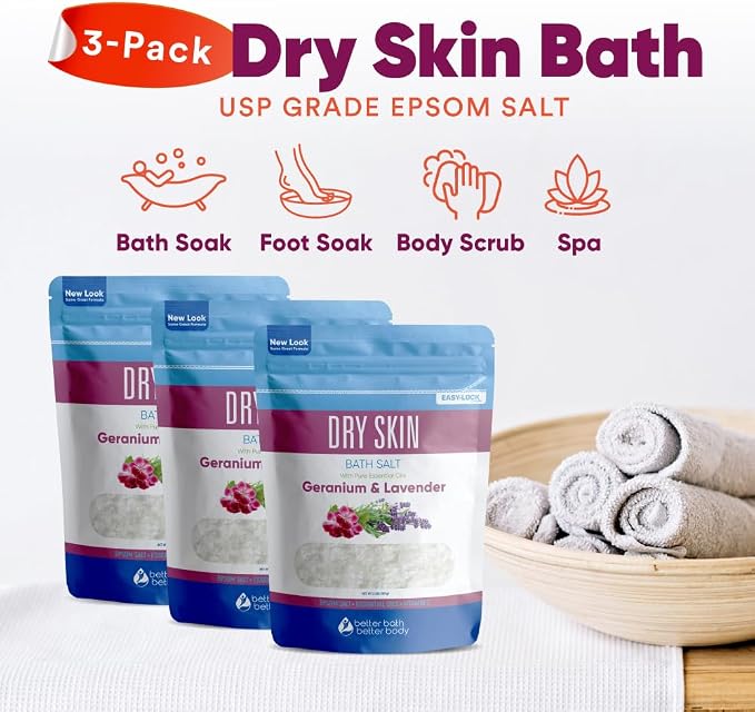 Dry Skin Bath Salt (3 Pack) Skin Soothing Epsom Salt with Pure Essential Oils in BPA Free Pouch with Press Lock Seal Made in USA Three 2 Lbs Pouches 6 Lbs Total