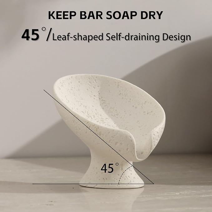 Soap Dish, 2 PCS Self Draining Bar Soap Holders, Leaf Shape, Cream | Resin, Travertine Stone Look, Modern, Keeps Bar Soap Dry, Decorative Soap Saver for Bathroom Countertop Kitchen Sink Bathtub