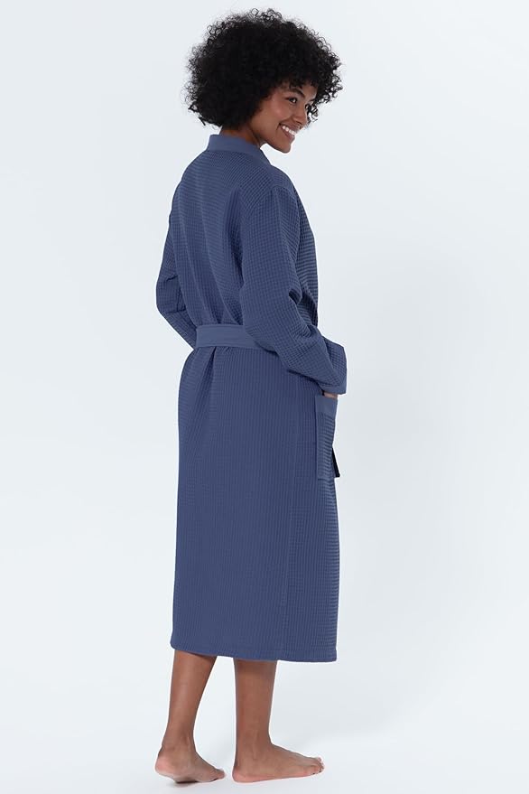 SEYANTE Women's Organic Cotton Waffle Kimono, Hooded Robe – GOTS Certified Lightweight Full-Length Spa Bathrobe with Piping