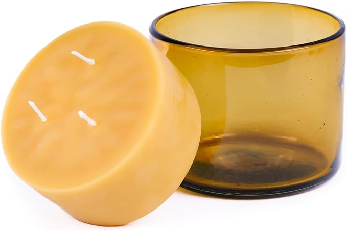 Bluecorn Beeswax 3-Wick Candle Refill – 22oz Amber Glass Jar, 100% Pure Beeswax, Unscented – 40 Hr Long Burn, Cotton Wick, Non Toxic – Handmade in USA, 1 Count