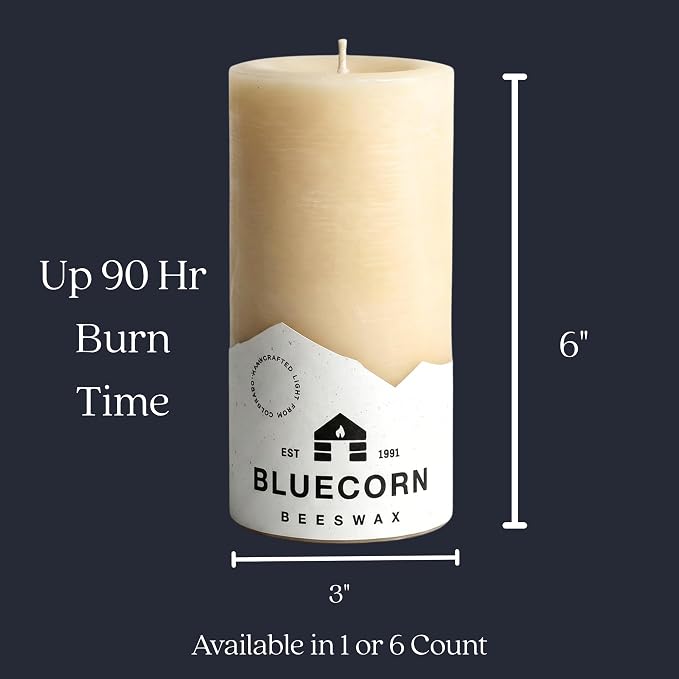 Bluecorn Beeswax Pillar Candle, 100% Pure Natural Bees Wax, Ivory White 3x6 Candle, Clean Burning & Dripless, Long Lasting (90 Hrs), Paraffin, Soy & Fragrance Free, Home Decor, American Made, 1 Count