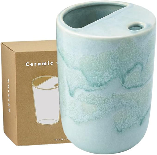Handmade Ceramic Coffee Mug with Half Lid, 17oz Unique Tea Coffee Cup with Sip-top Lid, Sea Foam