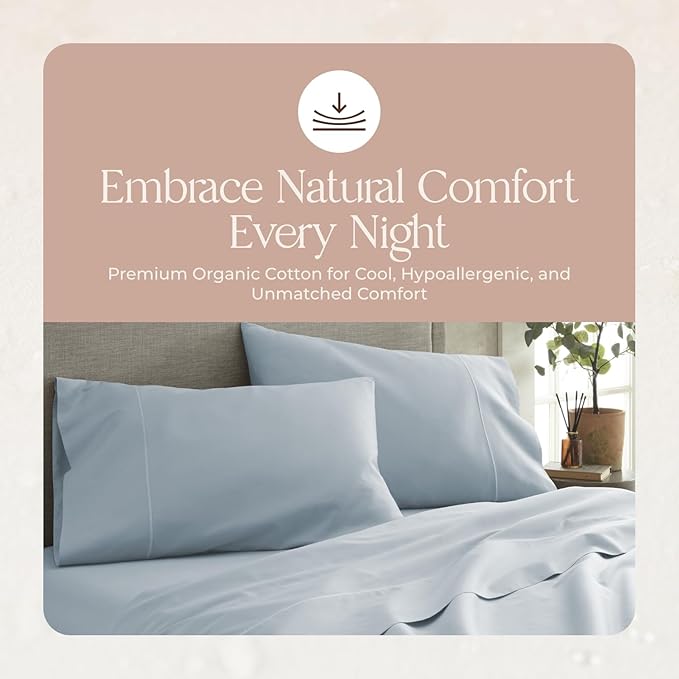 100% Organic Cotton Sheets Twin Size - GOTS Certified Organic Bed Sheets with Deep Pocket 500 Thread Count and Cozy Sateen Weave Gets Softer with Each Wash - Luxury 3 Piece Set (Powder, Twin)
