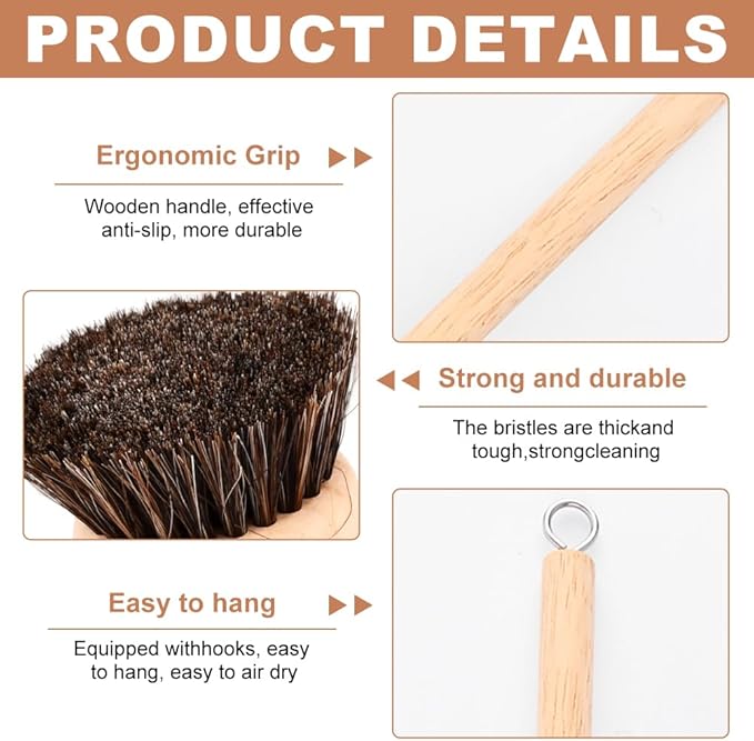 Bamboo Dish Brush with Handle, 3 Natural Bristle Heads (Horsehair, Sisal, Palm) Replaceable Heads, Wooden Dish Brush for Washing and Cleaning Pot Pan Bowl