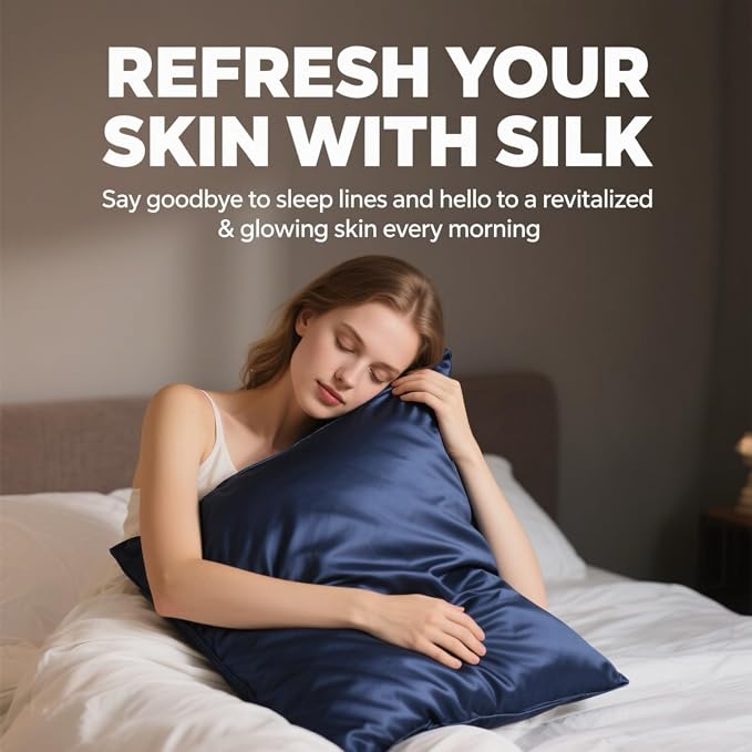 Ravmix Silk Pillow Cases with Zipper, 21momme Mulberry Silk Pillowcase for Hair Skin Health, Soft Smooth Breathable Cool Pillow Cover for Beauty Sleep with Gift Box 1PC(Standard 20"x26", Navy Blue)