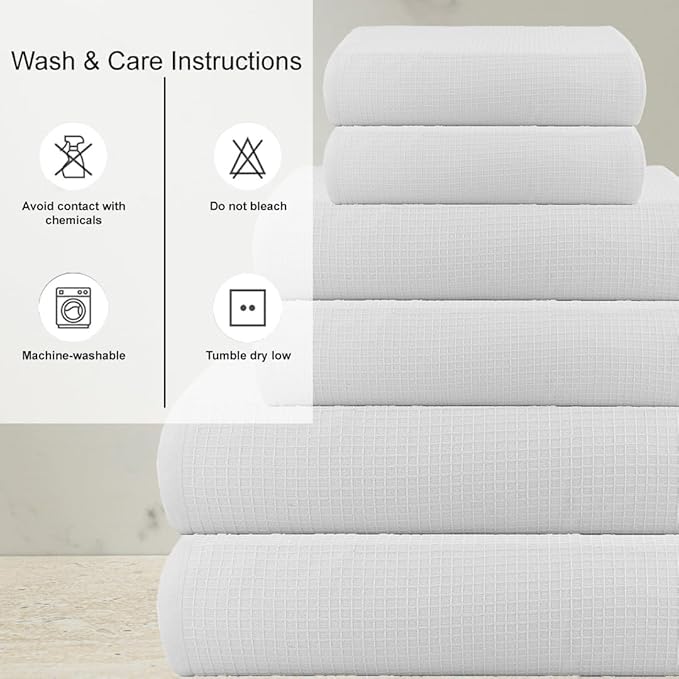 CASA COPENHAGEN Waffle 6Pcs 100% Egyptian Cotton Large Designer Towels Gift Set- Chalk White, 2Bath 2Hand 2Washcloths, Bath Towels for Bathroom (Box Pack, Gift Set for Women & Men)
