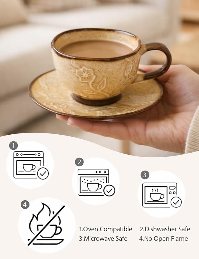 Ceramic Coffee Cup and Saucer Set 5.4oz (160ml), Beige Embossed Espresso Cup with Plate, Small Cappuccino Cup for Home, Kitchen, Café