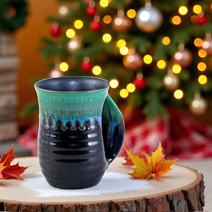 Hand Warmer Mug for Christmas - 16 Ounce Large Handwarmer Mugs Ceramic Handmade Pottery Gift for Holiday with Pocket Handle, Keep Your Fingers Warmth (Right Handed,Forest Green/Black)