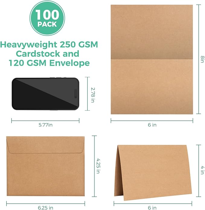 Ohuhu Blank Brown Kraft Cards and Envelopes 100 Pack - 4" x 6" Folded Cardstock Paper and A4 Envelopes for DIY Greeting Cards Wedding Birthday Invitations Baby Shower Thank You Notes and More