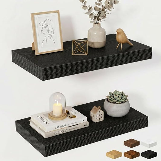 Fun Memories Wood Floating Shelves 20 Inch, 10 Inch Deep Shelves Wall Mount, Wall Shelves with Invisible Bracket, 20" Floating Shelves for Living Room Bathroom Bedroom, Black, Set of 2