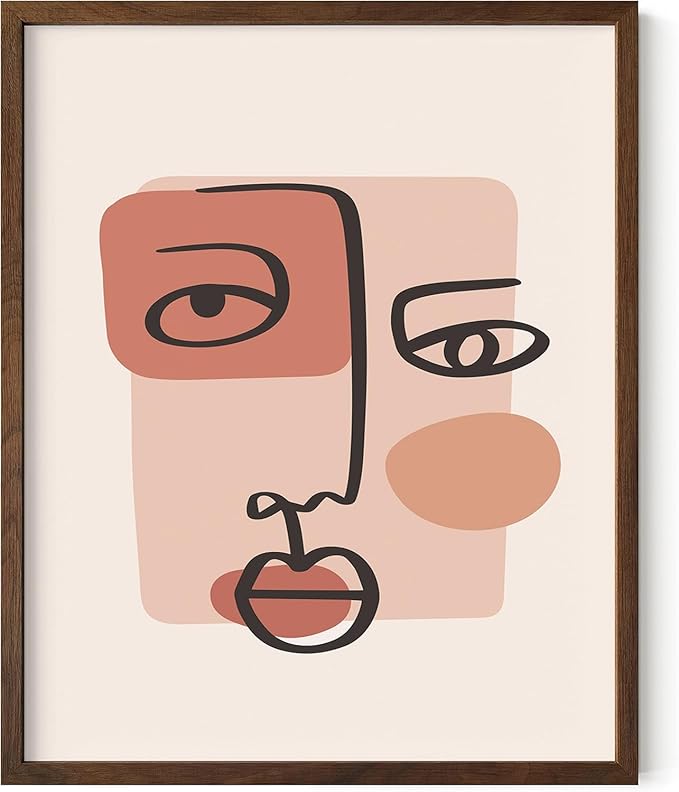Abstract Face Wall Art Continuous Line Drawing Organic Shapes Earth Tones Terracotta Mid Century Modern 8x10 Inch Oak Wood Walnut Framed Minimalist Portrait for Bedroom Decor