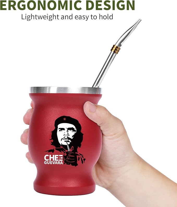 Yerba Mate Cup Set, Includes Stainless Steel Argentina Classic Mate Gourd, 2pcs Bombilla Straws and Clean Brush (Red Che)