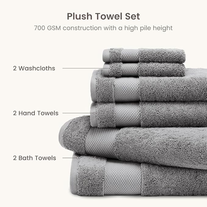 BIOWEAVES 100% Organic Cotton 700 GSM Plush 6-Piece Towel Set GOTS Certified, 2 Bath Towels, 2 Hand Towels & 2 Washcloths - Light Grey