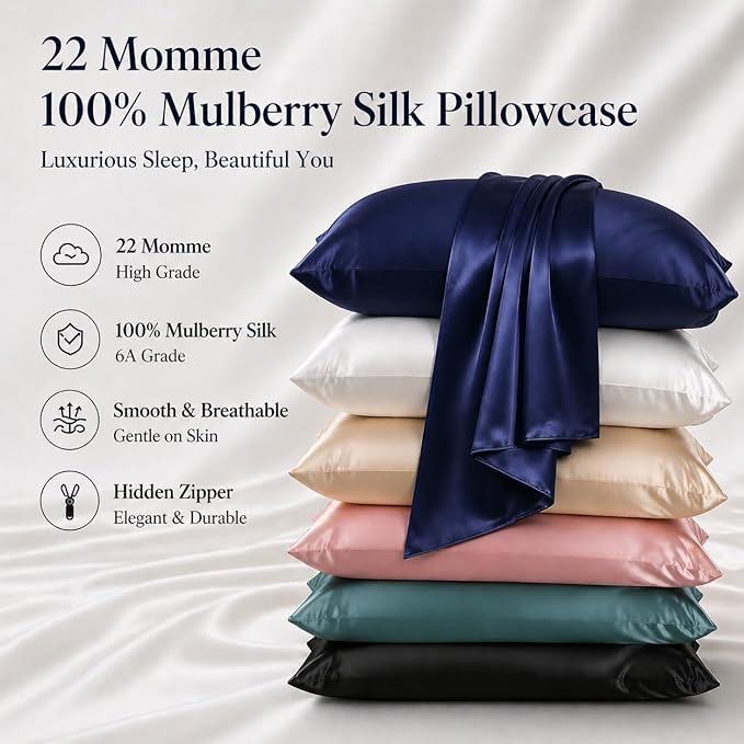 Navy Blue Silk Pillow Cases with Zipper Standard Size, USA Made, Real 22 Momme Mulberry Silk Pillowcase for Sleeping Women, Cooling, Anti Acne (Navy Blue, Standard)