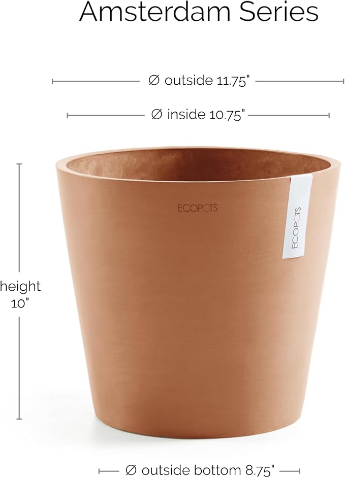Ecopots Amsterdam Durable Modern Round Indoor/Outdoor Recycled-Based Composite Flower Pot Planter, Terracotta Color, 12"