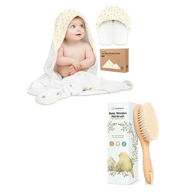 KeaBabies Baby Hooded Towel and Baby Hair Brush - Soft Bath Towels with Hood for Kids and Infant, Wooden Hairbrush with Soft Goat Bristles for Cradle Caps