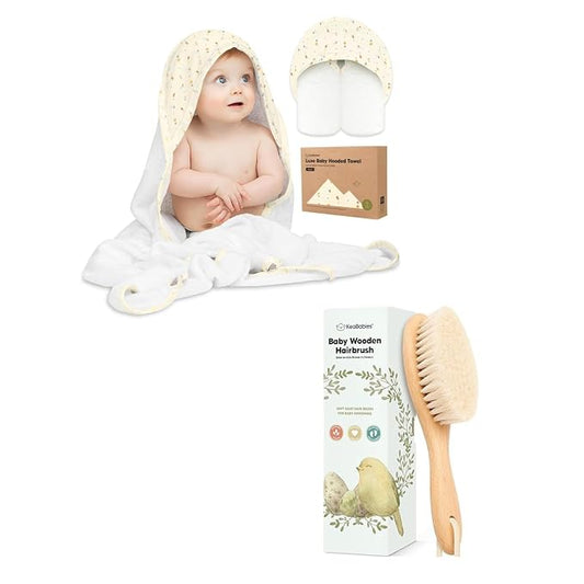 KeaBabies Baby Hooded Towel and Baby Hair Brush - Soft Bath Towels with Hood for Kids and Infant, Wooden Hairbrush with Soft Goat Bristles for Cradle Caps