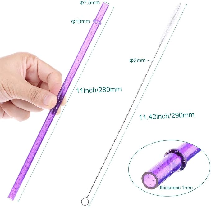 Dakoufish 11 Inch Reusable Tritan Plastic Straws,Replacement Glitter Sparkle Drinking Straws for 24 oz-40 oz Mason Jars/Tumblers,Set of 12 with Cleaning Brush(12color,11inch)