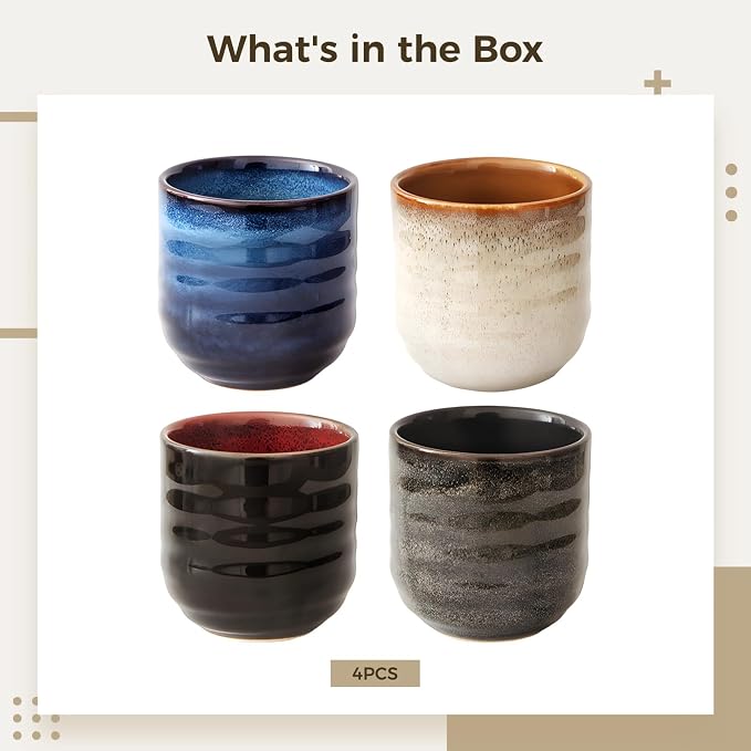 4 PCS Japanese Style Ceramic Tea Cups, Glazed Ceramic Coffee Cups, Handmade Pottery Drinkware, 7 oz Cups for Tea, Coffee, Matcha, Water