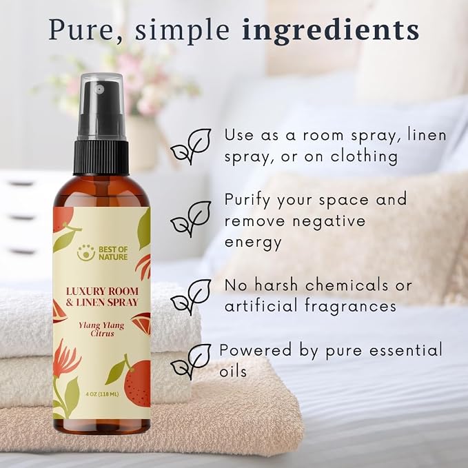 Best of Nature Luxury Room & Linen Spray – All-Natural Essential Oil Air Freshener for Home, Bedroom, Bathroom & Linens – Plant-Based, Family-Safe, Relaxing Aromatherapy Mist (Ylang Ylang Citrus)