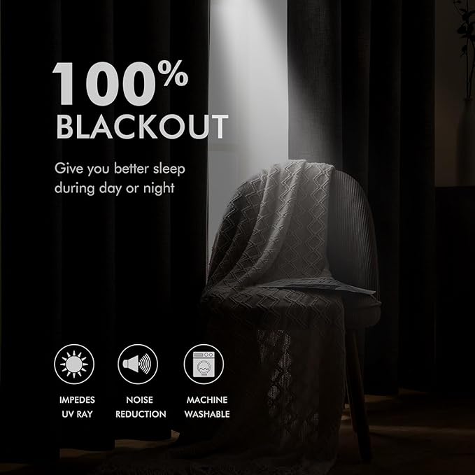 MIULEE 100% Blackout Linen Textured Curtains for Bedroom Solid Thermal Insulated Midnight Blue Grommet Room Darkening Curtains & Drapes Luxury Decor for Living Room Nursery 52 x 96 Inch (2 Panels)
