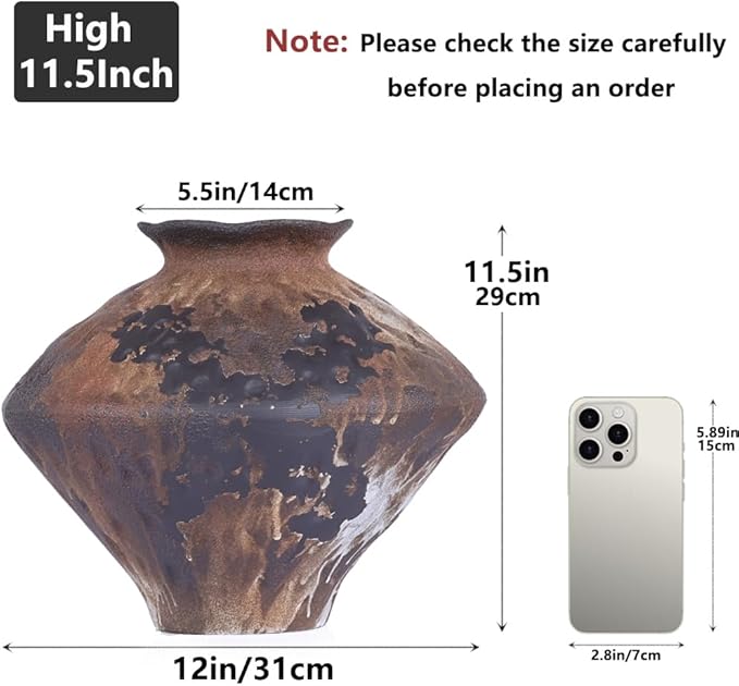 Large Wabi Sabi Vase, 11.5" Wabi Sabi Decor Rustic Vase, Brown Ceramic Vase for Centerpiece, Vintage Farmhouse Decor for Home Decorative, Table, Living Room, Bedroom, Bathroom, Kitchen