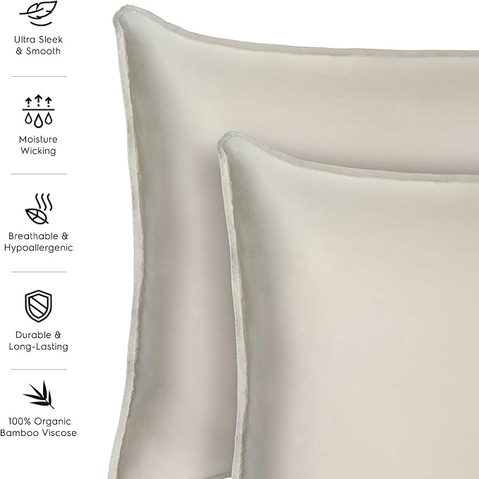 Tafts Pillow Cases Queen Size - Pure 100% Viscose Derived from Bamboo Luxuriously Soft, Silky, Cooling, Double Stitched, Envelope Closure (2 Pillowcases, Beige)
