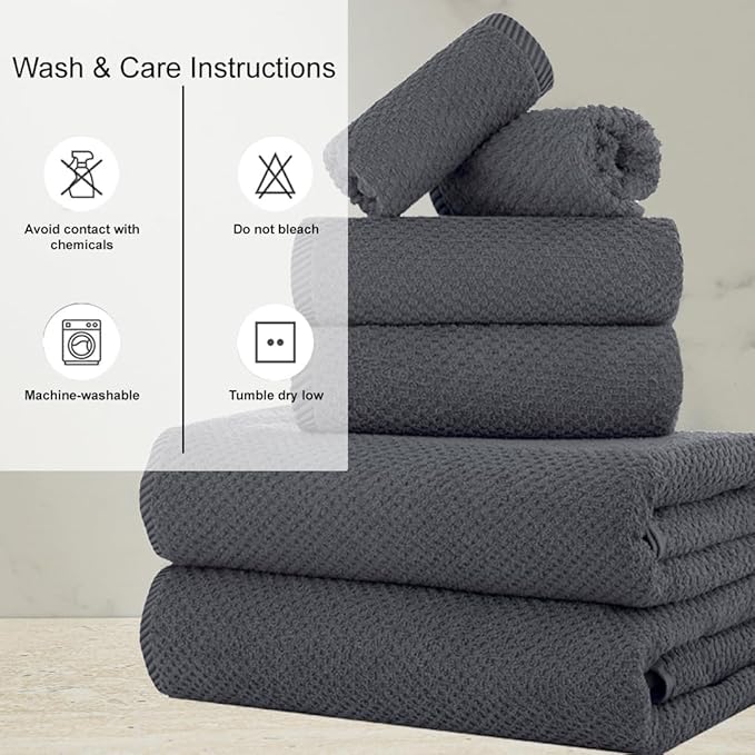 CASA COPENHAGEN Popcorn 6Pcs 100% Egyptian Cotton Large Designer Towels Gift Set- Pinstripe Grey, 600GSM, 2Bath 2Hand 2Washcloths, Bath Towels for Bathroom Set for Women & Men