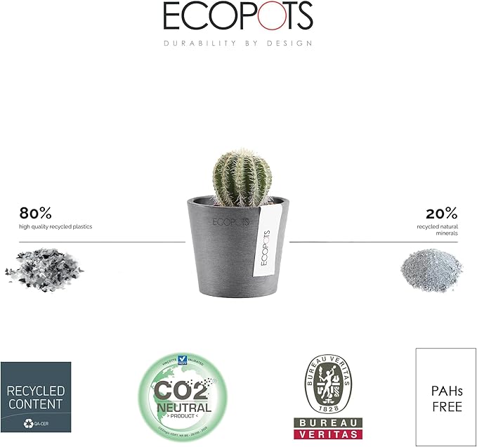 Ecopots Amsterdam Mini Durable Modern Round Recycled-Based Composite Flower Pot Planter, Grey, 3"