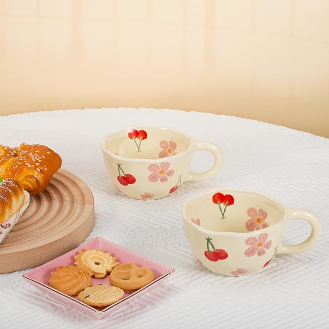 Koythin 2-Pieces Ceramic Coffee Mugs, Creative Cute Flower Cup for Office and Home, 8.5 oz/250 ml Aesthetic Mug for Latte Tea Milk (2 Pink Cherrys)
