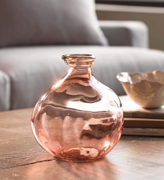 VivaTerra Recycled Round Glass Balloon Vase – Handblown Glass Vases for Centerpieces – Unique Organic Shape in a Delicate Pink Color – Sustainable and Unique Home Decor (7" H x 6.25" Dia.)