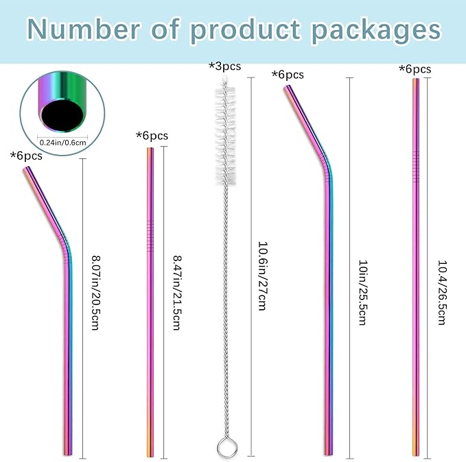 27 Pack metal straws reusable,12 Pcs Straight +12 Pcs Bent 3 Pcs Cleaning Brushes Included,stainless steel straws for 20oz and 30oz Tumblers Dishwasher Safe