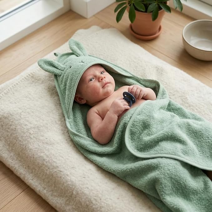 Hooded Baby Towel – 100% Organic Cotton Baby Bath Towels – Baby Boy Newborn Essentials - Super-Soft and Absorbent. (Rabbit - Roman Green)