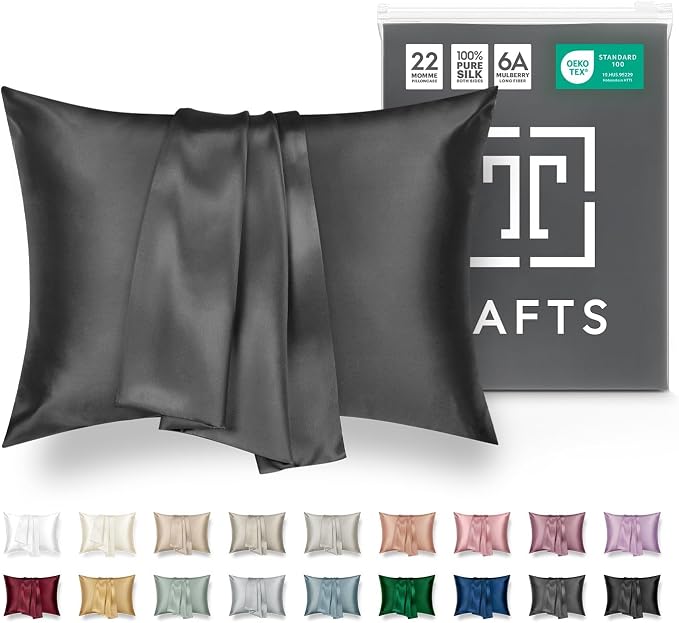 Tafts Pillow Cases - 22mm 100% Pure Mulberry 6A Silk Pillowcase for Hair & Skin with Zipper Closure, Cooling, Natural, Organic, Double Sided Silk Pillow Case (Charcoal Grey, King 20x36, 1pc)