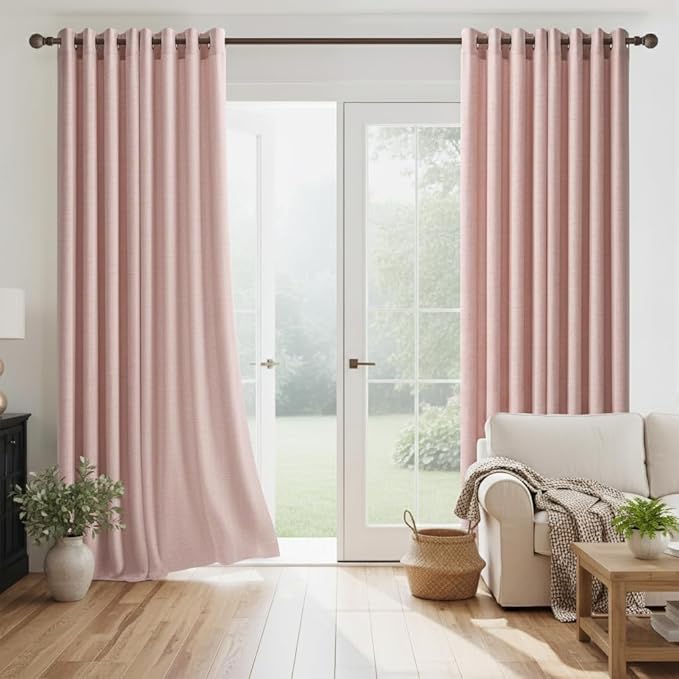 NICETOWN Blush Pink Linen Curtains 84 Inches Long 2 Panels for Bedroom Living Room, Privacy Linen Textured Window Drapes Semi Sheer Light Filtering Grommet Burlap Look Curtains, 52" W x 84" L