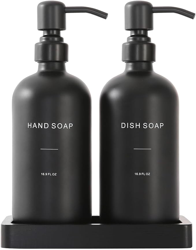 Liquid Dispenser Soap Dispenser Set Glass with Stainless Steel Pump Countertop Soap Bottle(Black Bottle+Black Pump)