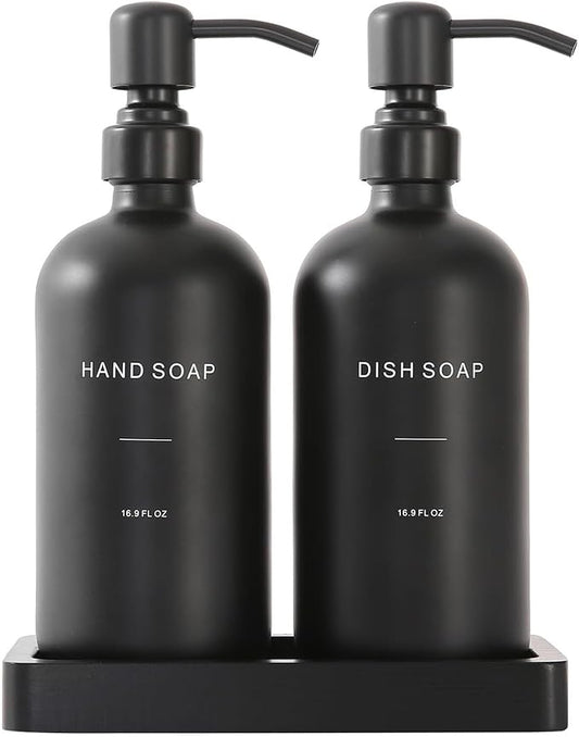 Liquid Dispenser Soap Dispenser Set Glass with Stainless Steel Pump Countertop Soap Bottle(Black Bottle+Black Pump)